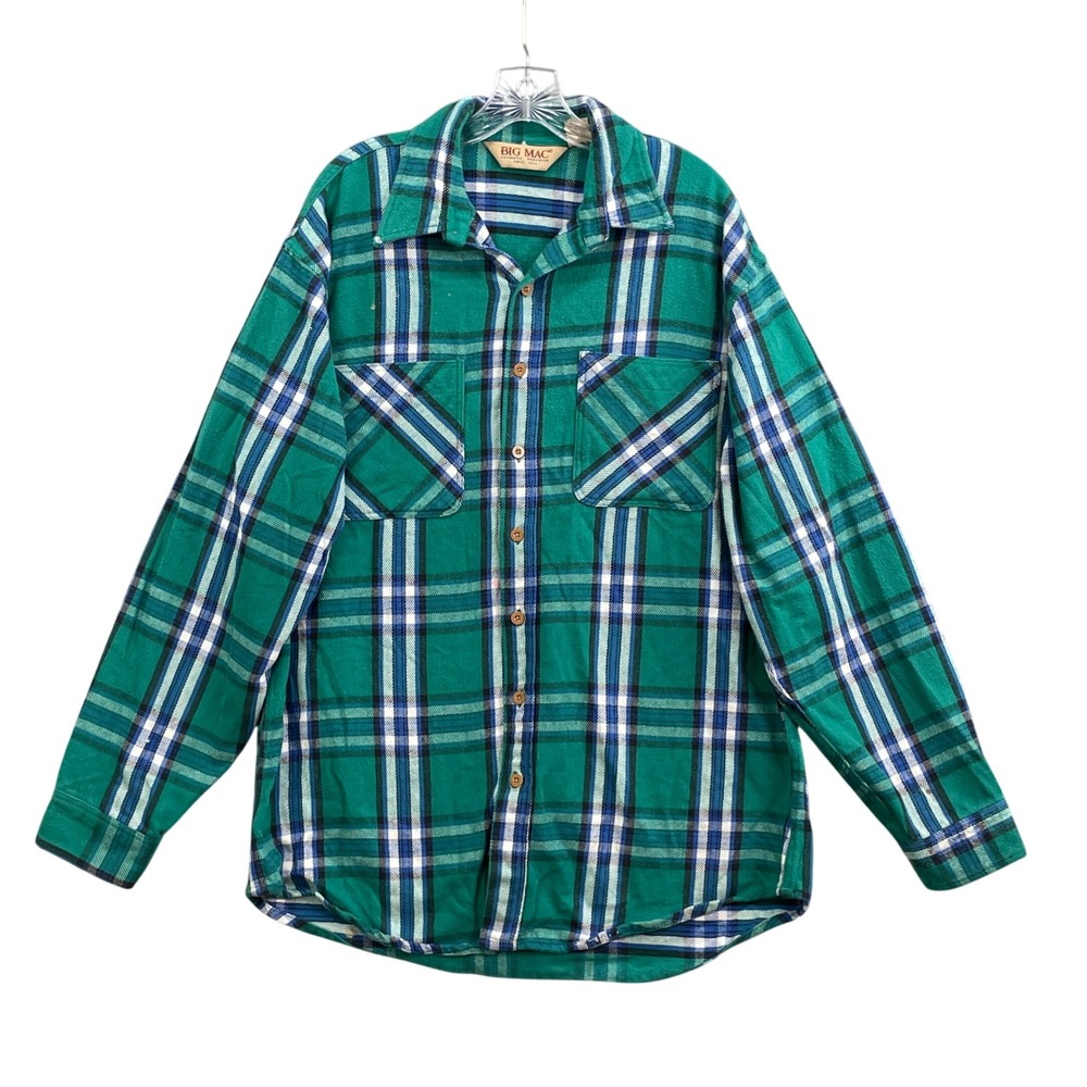 Big Mac Flannel Shirt Men XL Green Plaid Western Vintage USA Made Academia Rodeo
